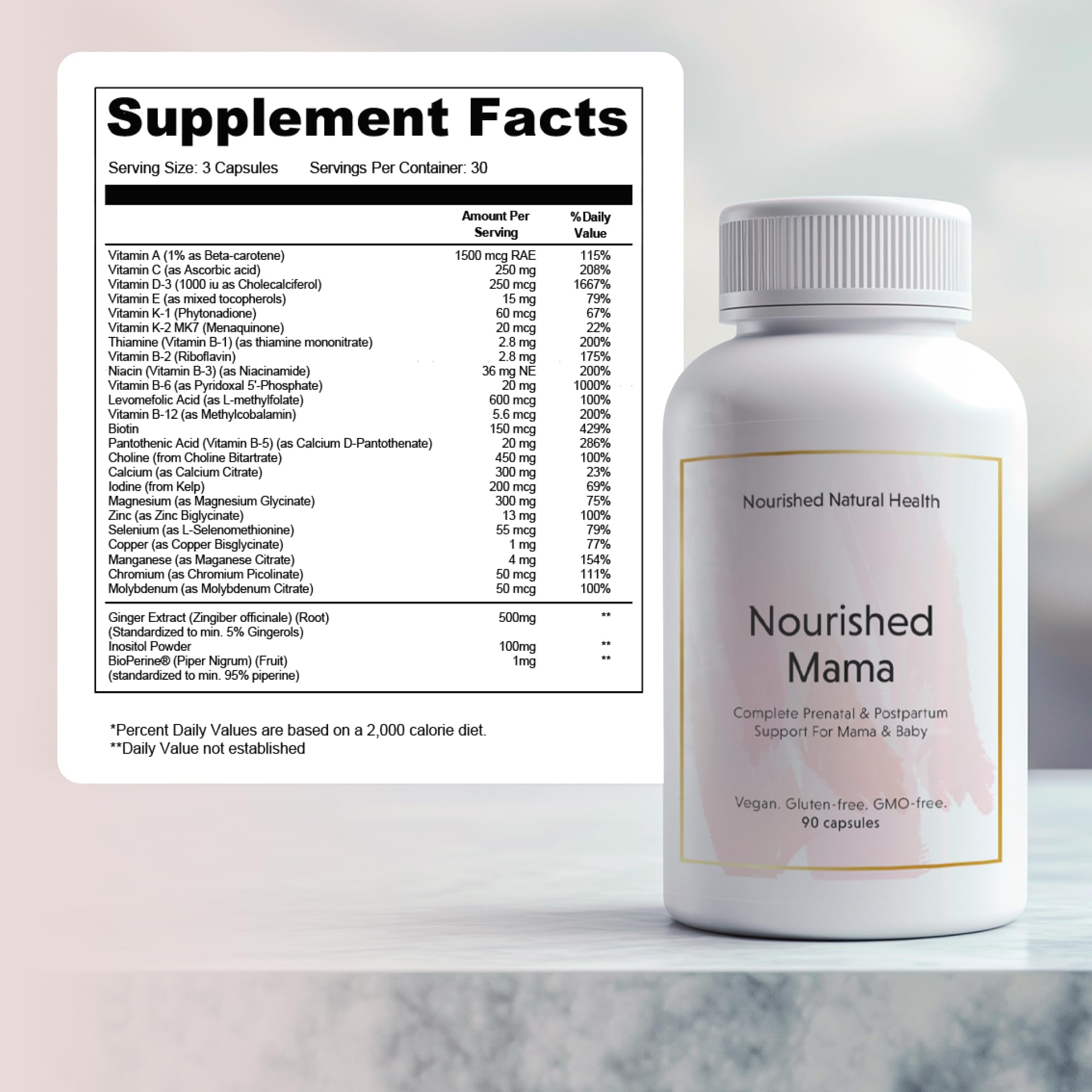 Nourished Mama Prenatal Multi Vitamin - Vegan Multivitamin for Preconception, Pregnancy, Postpartum and Breastfeeding Support - Iron-Free with Methylated Folate & High Dose Choline - 180 Capsules