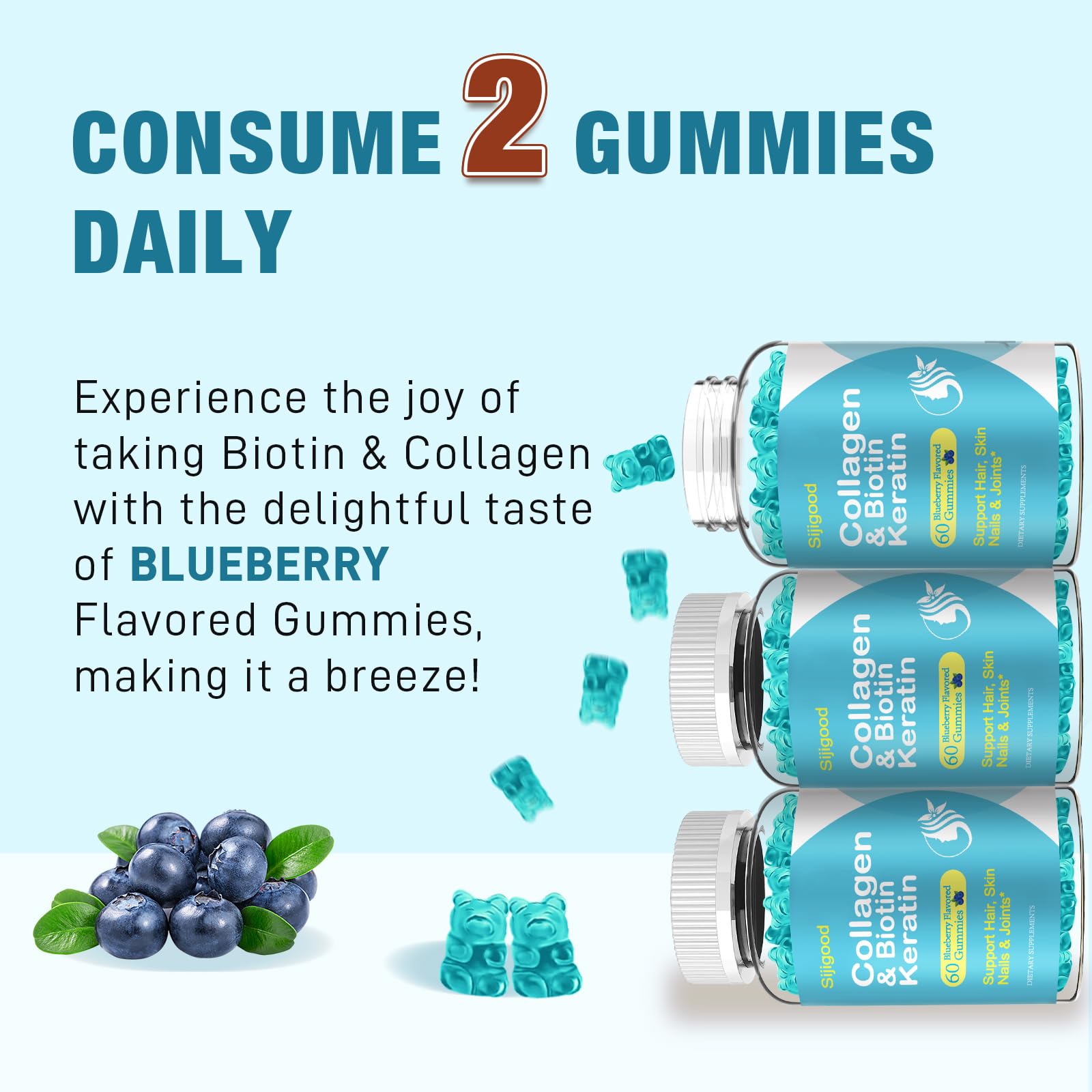 Sijigood Biotin Gummies with Collagen, Keratin, Hyaluronic Acid, Vitamin for Skin, Hair Growth, Nails, Women Men Adults Kids - 60 Blueberry Flavored Gummies