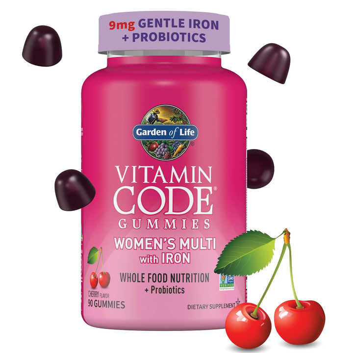 Women’s Multivitamin Gummy with Iron: Folate, Biotin, D3 & B12 for Hair, Skin & Nails + Probiotics for Immune Health & Digestion, Vitamin Code, Non-GMO, Gluten-Free, 90 Cherry Gummies, 30 Day Supply