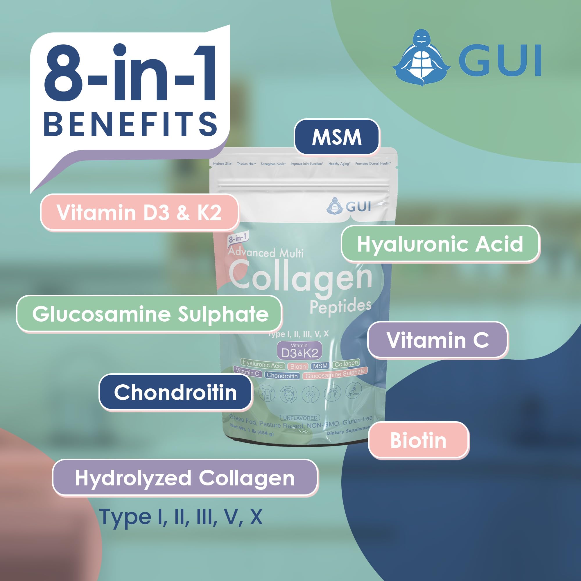8in1 Advanced Multi Collagen Peptides, 16 Oz - Hydrolyzed Protein | Type I, II, III, V, X with Vitamin D3 & K2, Hyaluronic Acid, Biotin, Vitamin C, MSM, Glucosamine Sulphate & Chondroitin - Unflavored