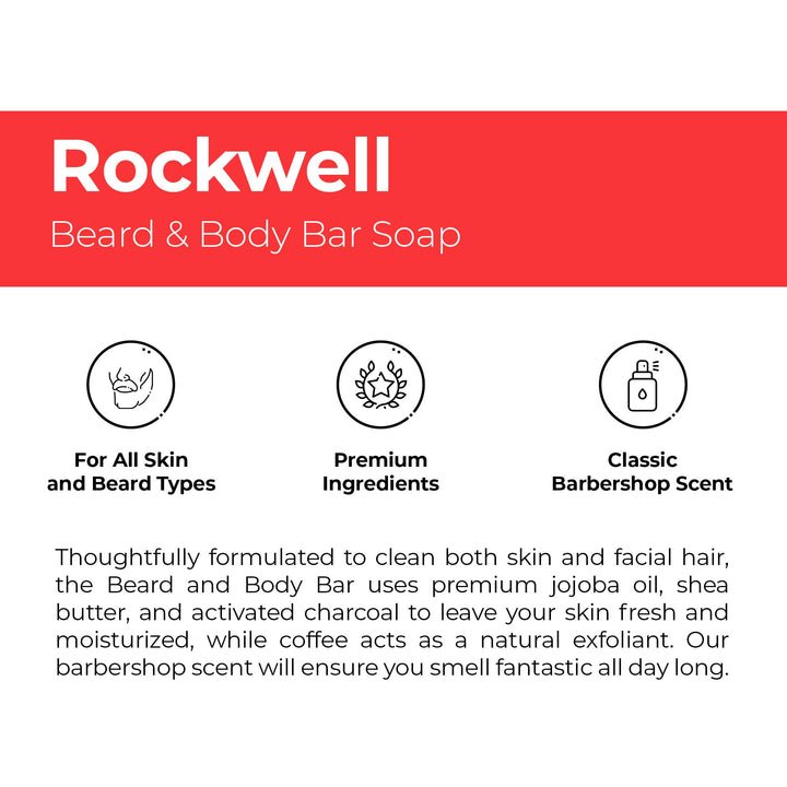 Rockwell Beard & Body Bar Soap - Barbershop Scent - All-Natural with Activated Charcoal, Shea Butter and Jojoba Oil, Organic Coffee Exfoliant - 6oz
