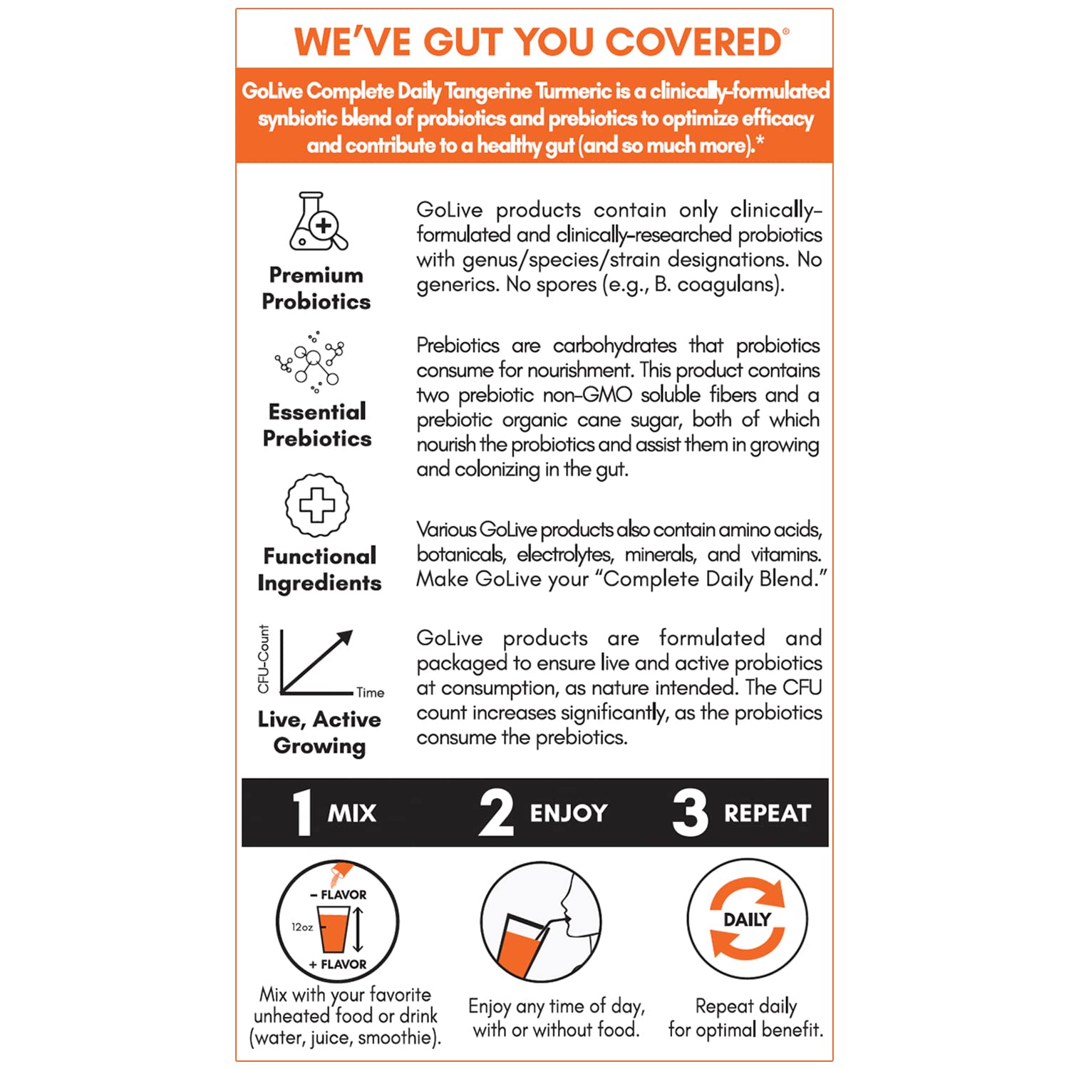 GoLive Prebiotic and Probiotic for Women, Men, Kids. Tangerine Turmeric Synbiotic Powder w/ L-Glutamine, Vitamin D3, Electrolytes. For Gut Health, Digestion, Metabolism, Immunity 15-50B CFUs.