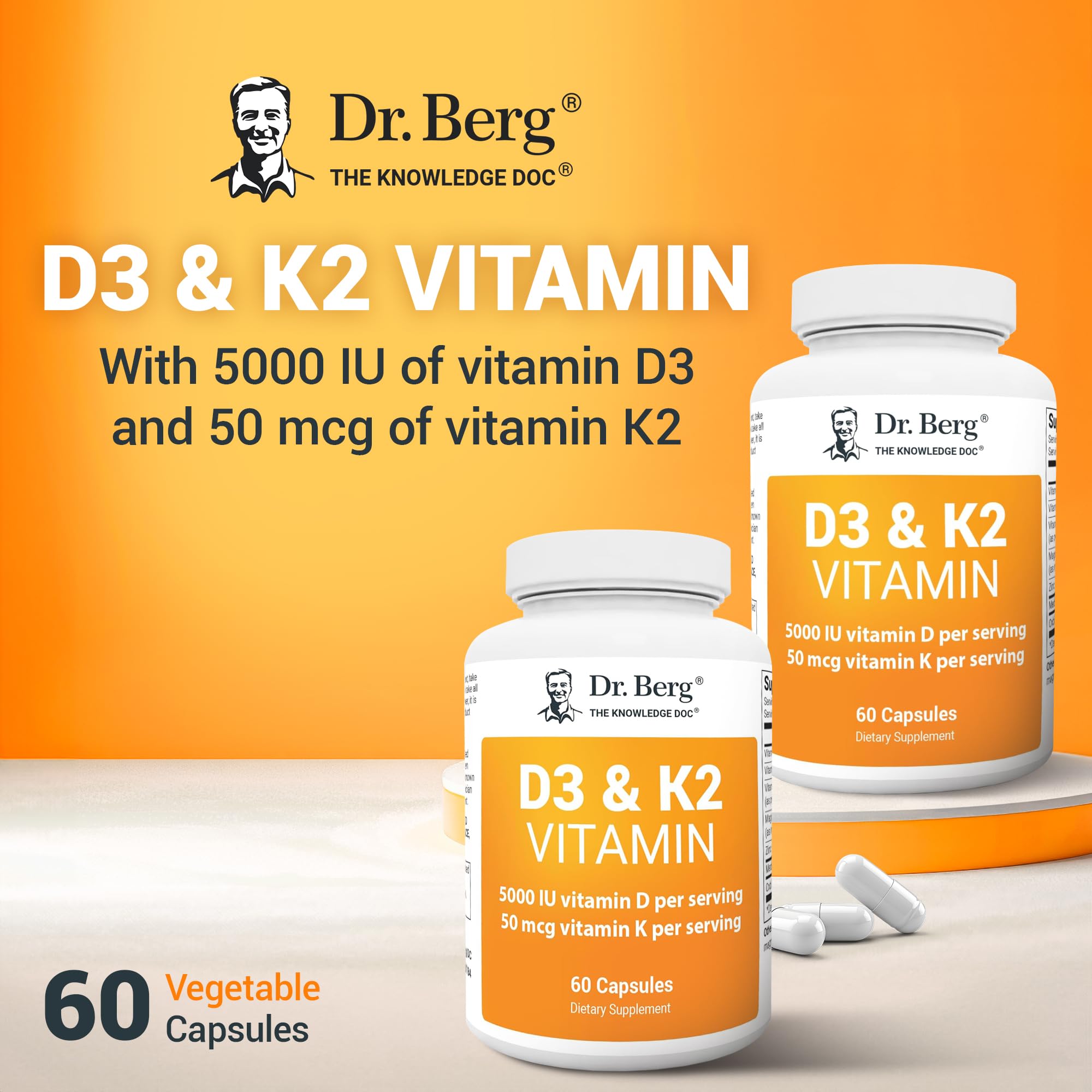 Dr. Berg D3 K2 Vitamin 5000 IU w/MCT Powder - Includes 50 mcg MK7 Vitamin K2, Purified Bile Salts, Zinc & Magnesium for Ultimate Absorption - K2 D3 Vitamin Supplement - 60 Capsules