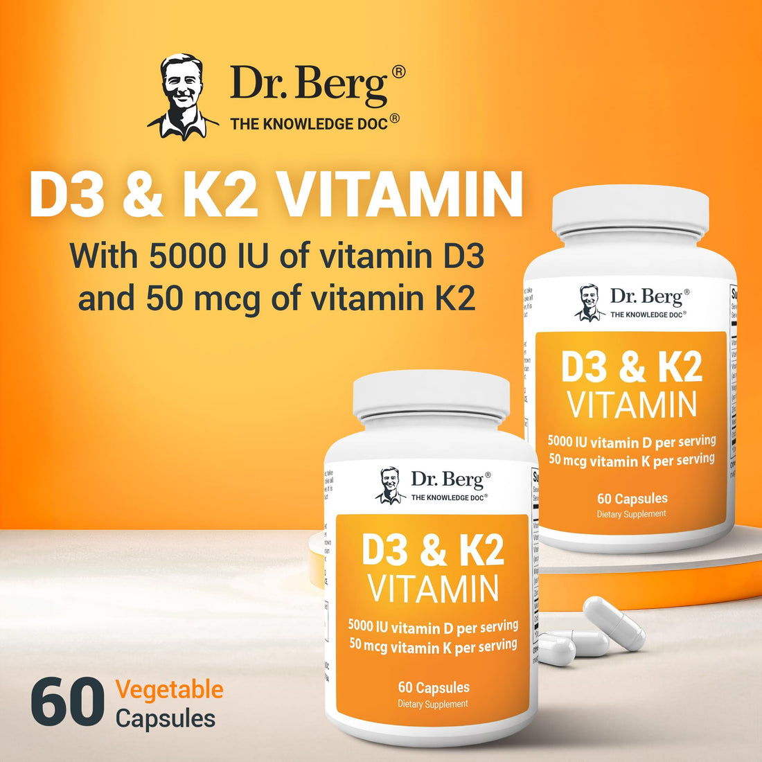 Dr. Berg D3 K2 Vitamin 5000 IU w/MCT Powder - Includes 50 mcg MK7 Vitamin K2, Purified Bile Salts, Zinc & Magnesium for Ultimate Absorption - K2 D3 Vitamin Supplement - 60 Capsules