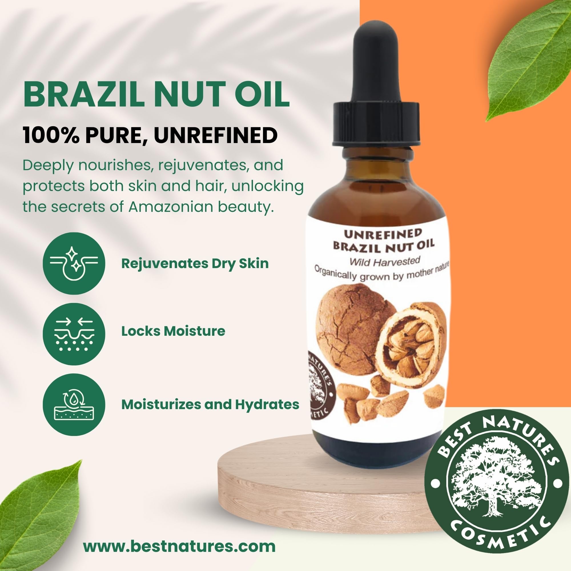 Best Nature's Cosmetics Virgin Organic Brazil Nut Oil, Hydrating Moisturizer for Skin & Hair, Cold-Pressed, Anti-Aging, Restores Radiance, Non-Greasy for Face & Body, Controls Frizz 2 Fl Oz - 60 ml