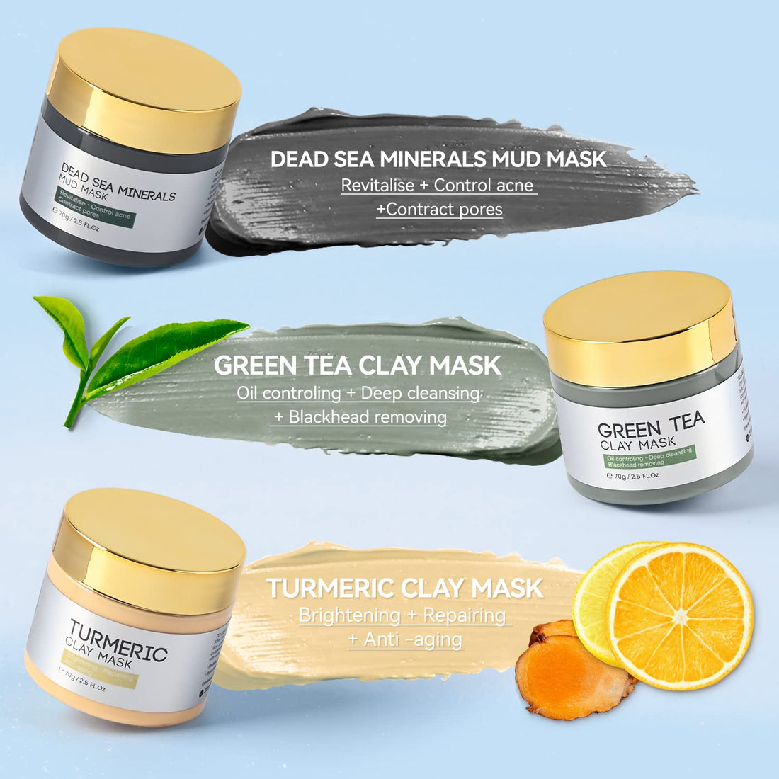 IIIMEIDU Face Masks Skincare, Turmeric Vitamin C Clay Mask, Green Tea Mask, Dead Sea Mud Mask, Face Mask Skin Care for Deep Cleansing, Women Skin Anti Aging 2.5 FL Oz Each