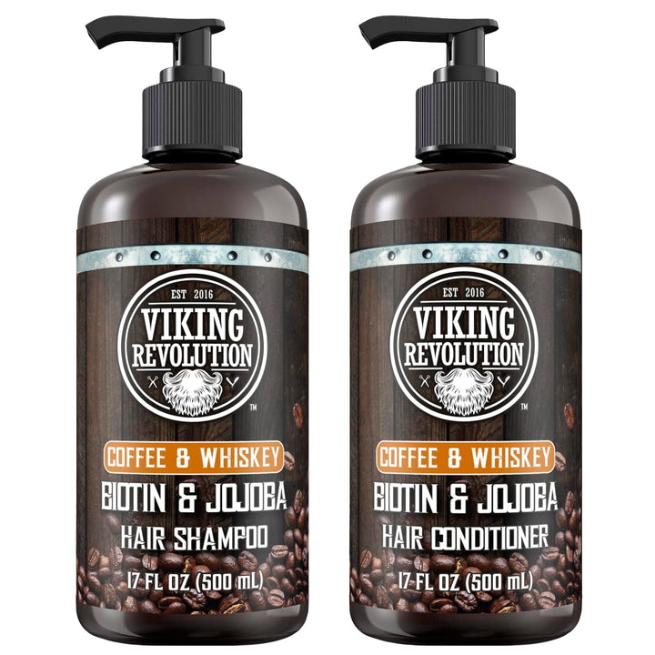 Viking Revolution Coffee Whiskey Mens Shampoo and Conditioner Set with Biotin and Jojoba Oil - Natural Hair Shampoo and Hair Conditioner for Men with Vitamin B5- Shampoo and Conditioner Set Men (17Oz)