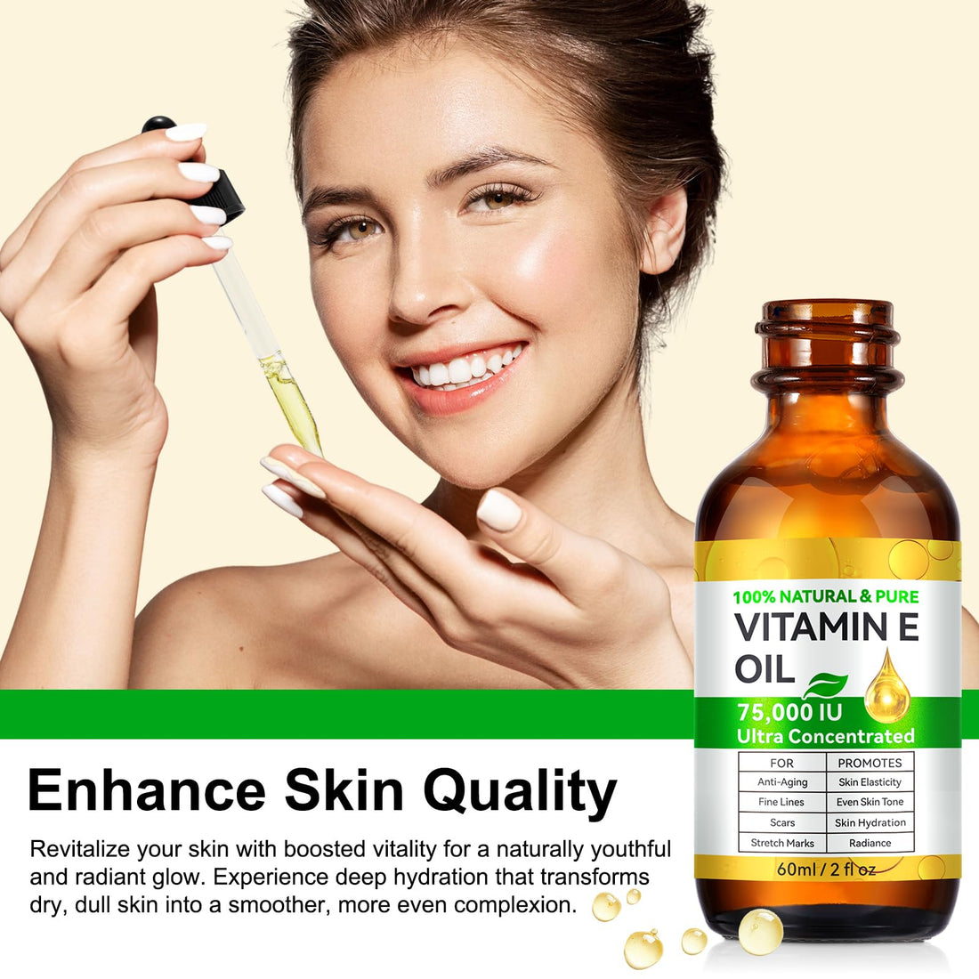 Pure Vitamin E Oil, Natural Organic Vitamin E Oil for Skin, Face and Scars, Body Massage Moisturizing Dry Skin, Nourish Hair and Scalp, 2 fl.oz