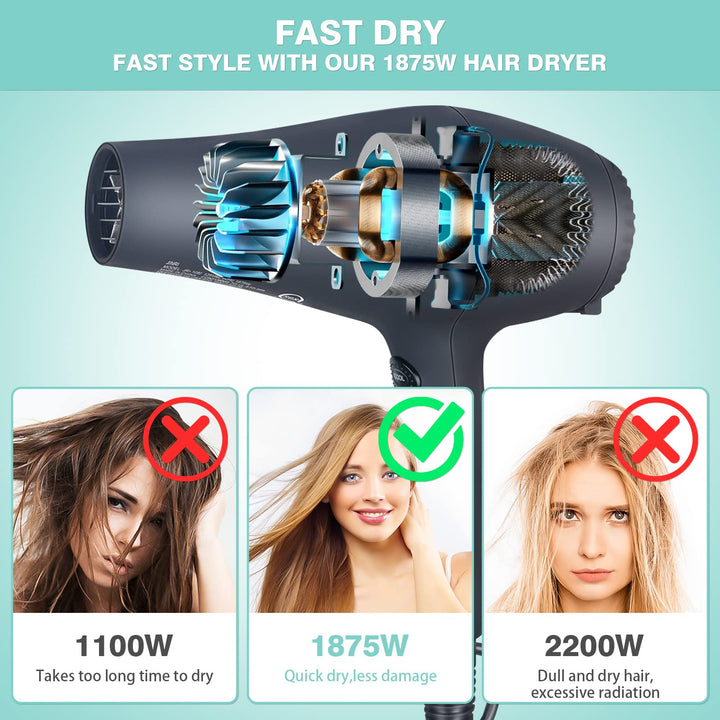 1875w Professional Tourmaline Hair Dryer,Negative Ionic Salon Hair Blow Dryer,DC Motor Light Weight Low Noise Hair Dryers with Diffuser & Concentrator,Black ETL Certified
