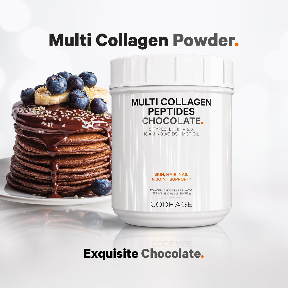 Codeage Multi Collagen Chocolate Protein Powder - Hydrolyzed Bovine Collagen Peptides, 5 Collagen Types & MCT Oil - Collagen Creamer, Chocolate Collagen Peptides - Protein Shakes - Non-GMO - 18.17 oz