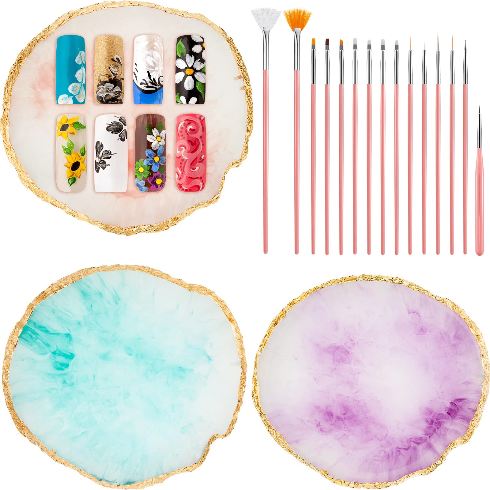 3 Pieces Nail Art Palettes Nail Mixing Palette Polish Color Mixing Plate Golden Edge Resin Nail Holder Nail Art Display Cosmetic Mixing Tools (Round Shape)