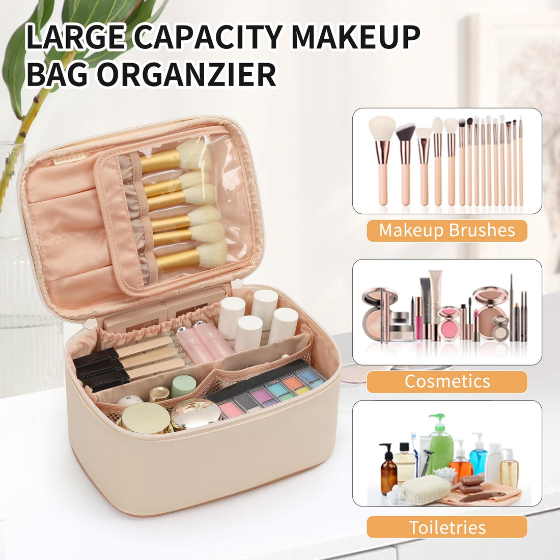 OCHEAL Beige Makeup Bag,Travel Makeup Organizer Bag, Large Capacity Cosmetic Bags For Women Large Travel Toiletry Bag Girls Traveling With Brush Slot And Divider-White