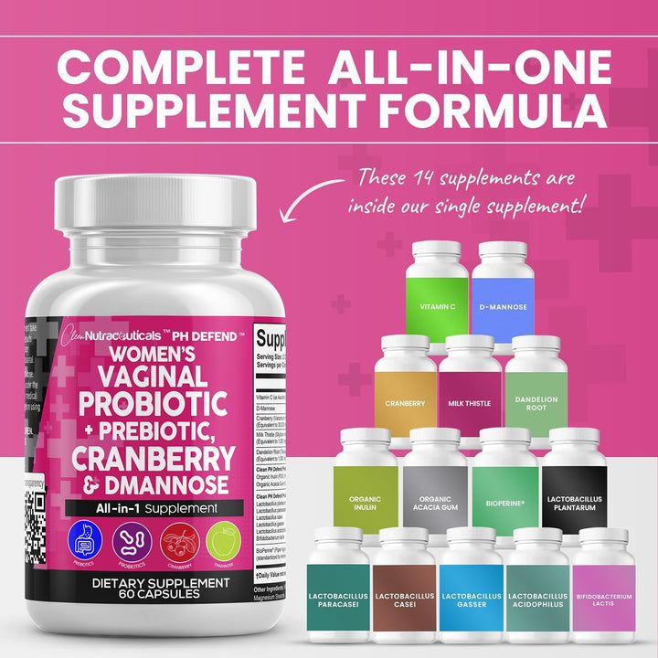 Clean Nutraceuticals Vaginal Probiotics for Women + Prebiotics 20 Billion Cranberry Pills w/D-Mannose 500 mg for Urinary Tract Health pH Balance - for Vaginal Health Supplements Pills - 1 Pack