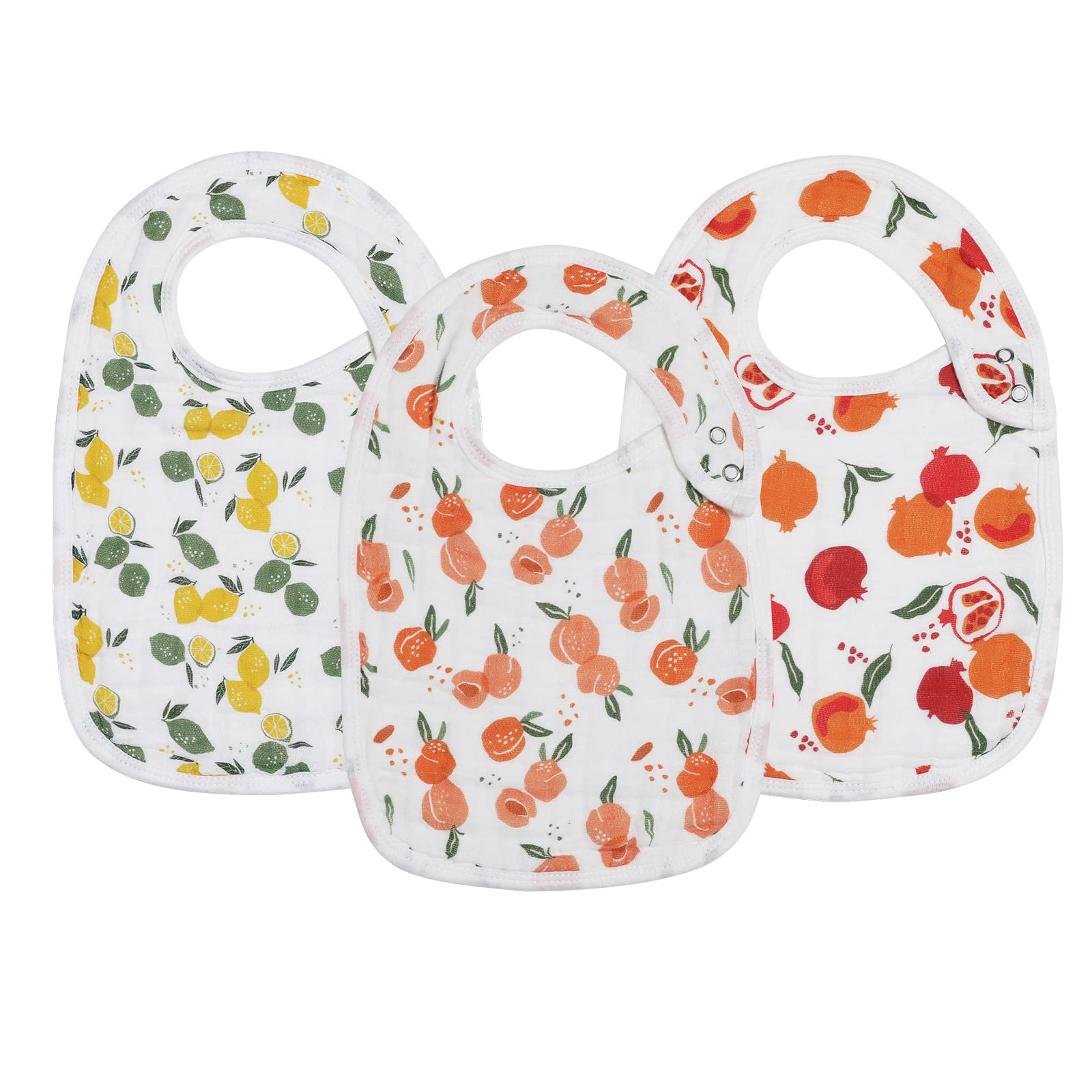 Snap Muslin Bibs for Girls, 3-Pack Baby Bibs for Infants, Newborns and Toddlers, 100% Cotton Muslin Absorbent & Soft Layers, Adjustable Snaps,Lemon,Peach,Pomegranate