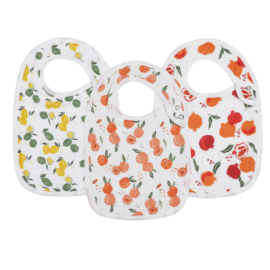 Snap Muslin Bibs for Girls, 3-Pack Baby Bibs for Infants, Newborns and Toddlers, 100% Cotton Muslin Absorbent & Soft Layers, Adjustable Snaps,Lemon,Peach,Pomegranate