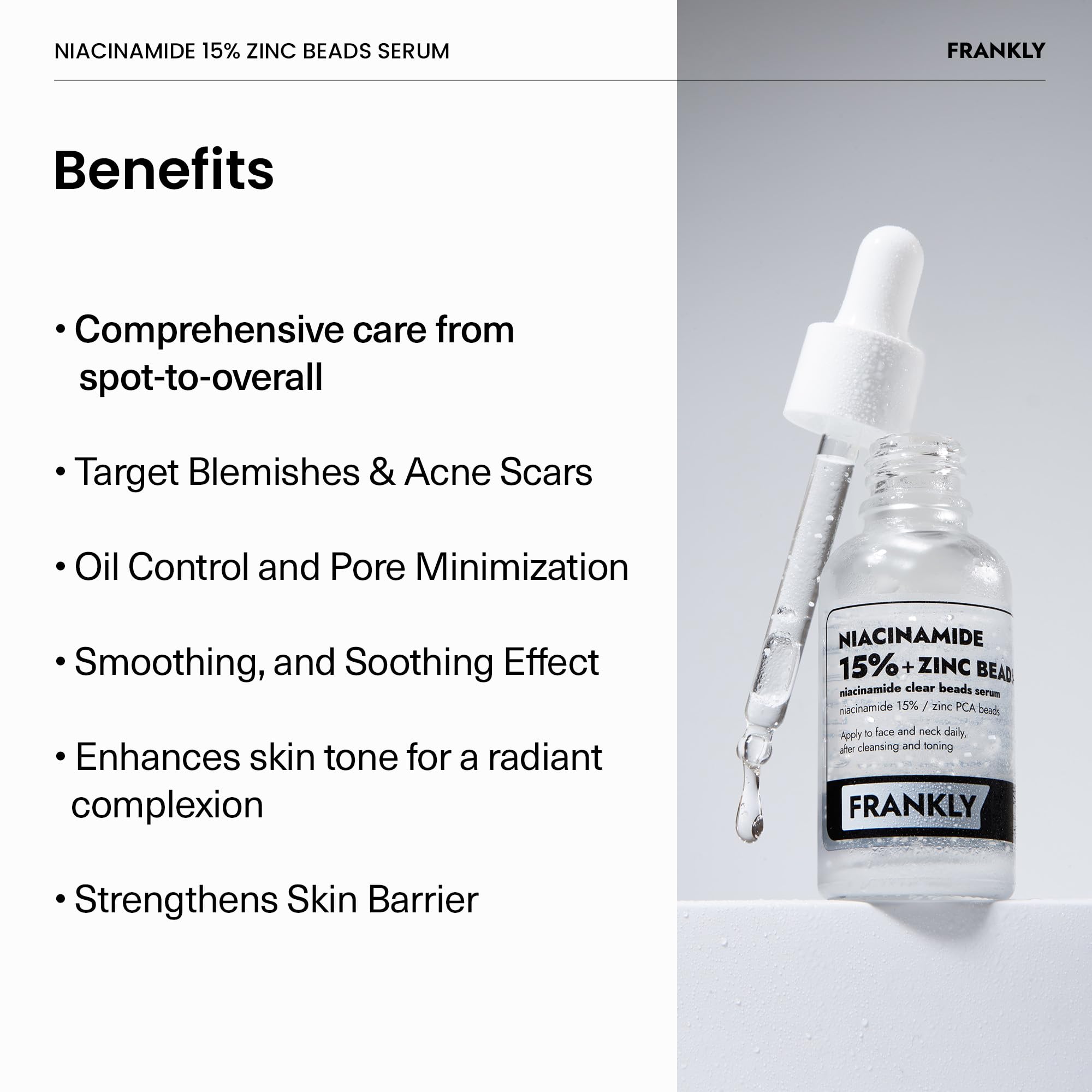 FRANKLY Niacinamide 15% & Zinc Beads Serum: Acne & Dark Spots Care, Oil Control, Even Skin Texture & Glow | Vegan & Cruelty-Free | Non-Comedogenic All skin types Korean Skincare | 1.01 fl.oz