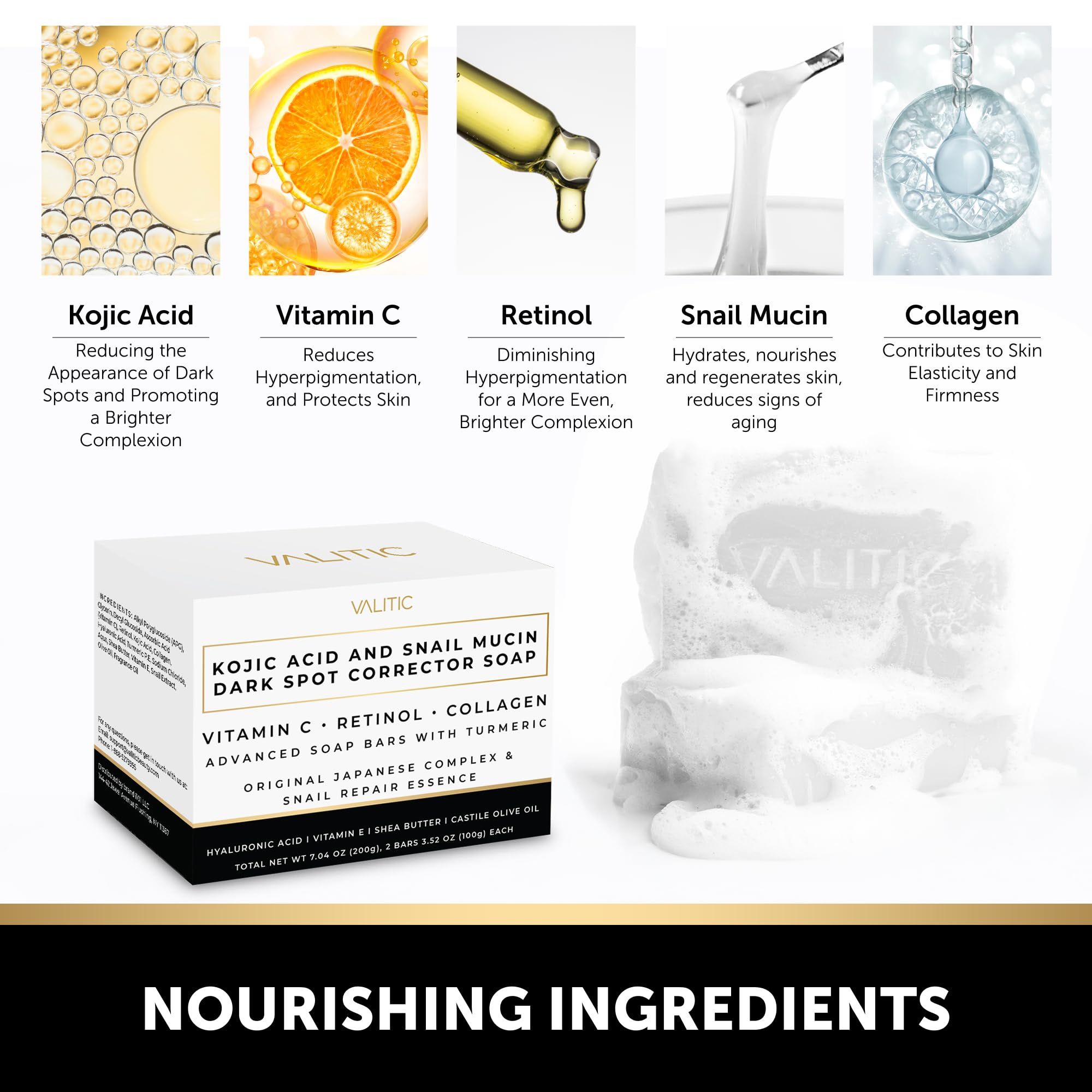 VALITIC Snail Mucin Cleanser Soap Bar with Turmeric and Kojic Acid Dark Spot Corrector – Anti Aging and Purifying Skin Care Snail Secretion for Intense Hydration and Moisturization – 4 Pack