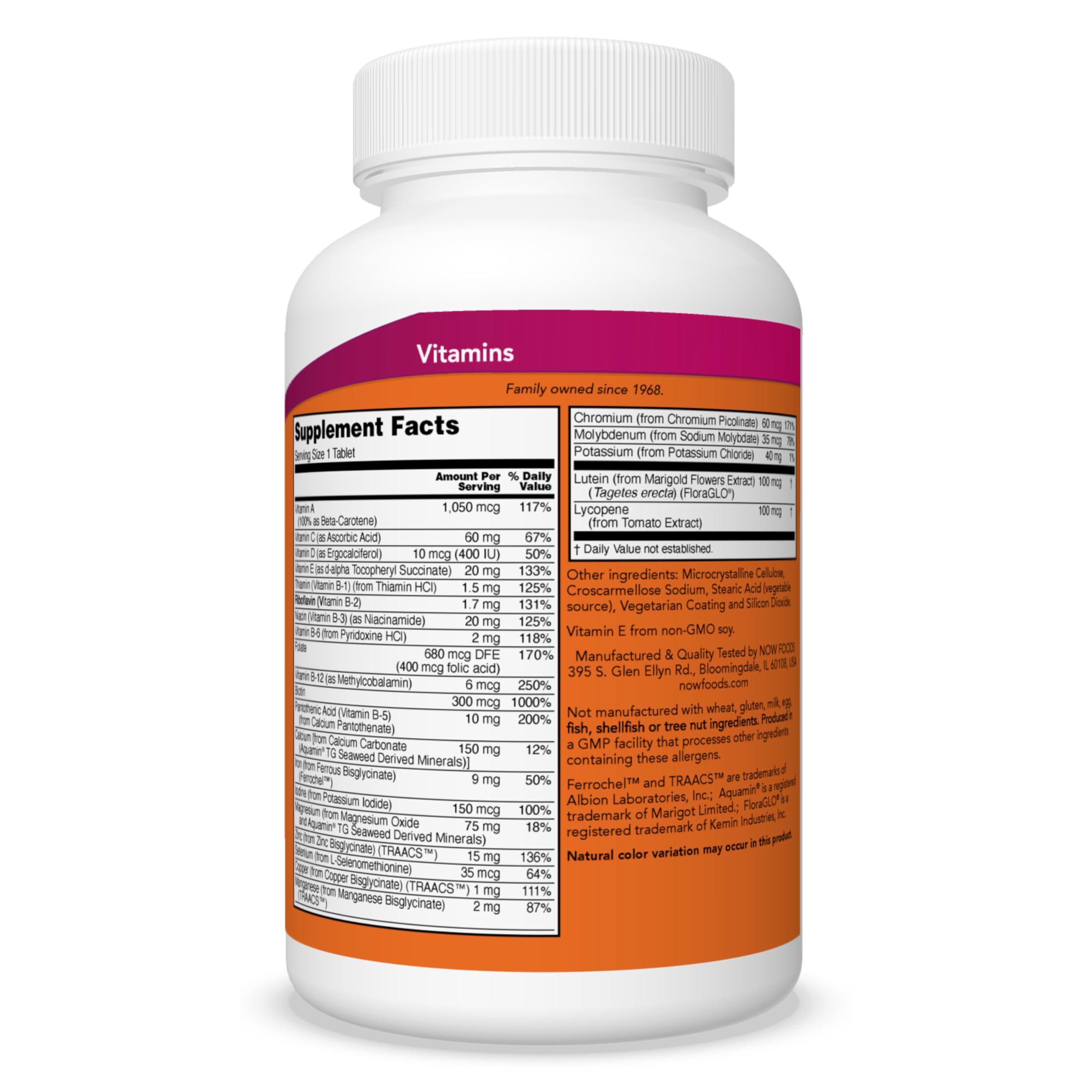 NOW Foods Supplements, Daily Vits™, One Tablet Daily with Lutein & Lycopene, 250 Tablets