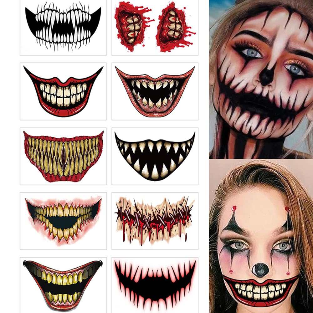 Halloween Temporary Horror Scary Mouth Tattoo Stickers Props Makeup Costume Accessories Face Kit Men or Women Adults Cosplay Party Masquerade