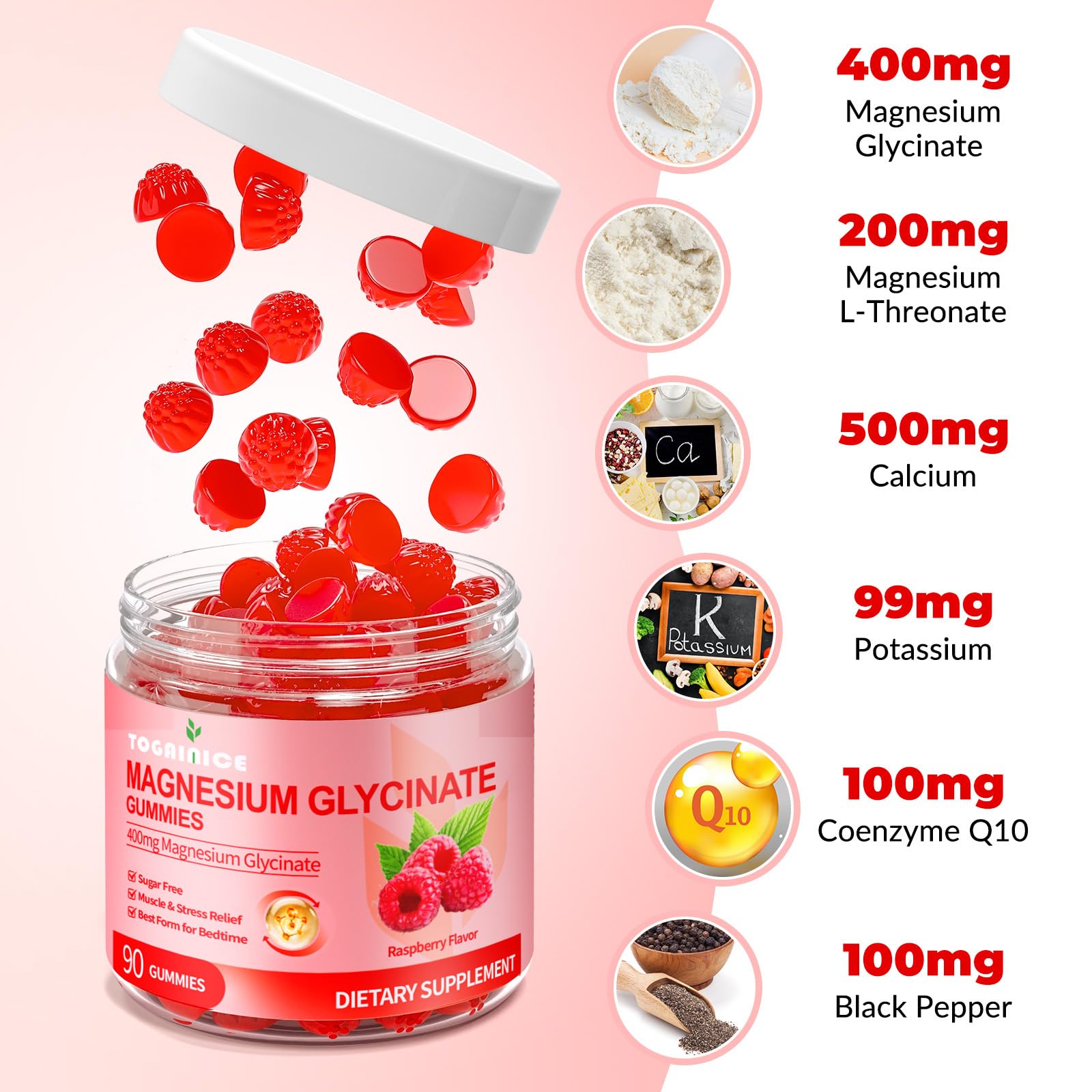 Magnesium Glycinate Gummies 400mg for Adult & Kids,90 Ct Sugar Free Magnesium Gummies with Potassium Magnesium Supplement for Women & Men,Sleep Msucle & Engergy Support,Raspberry Flavor
