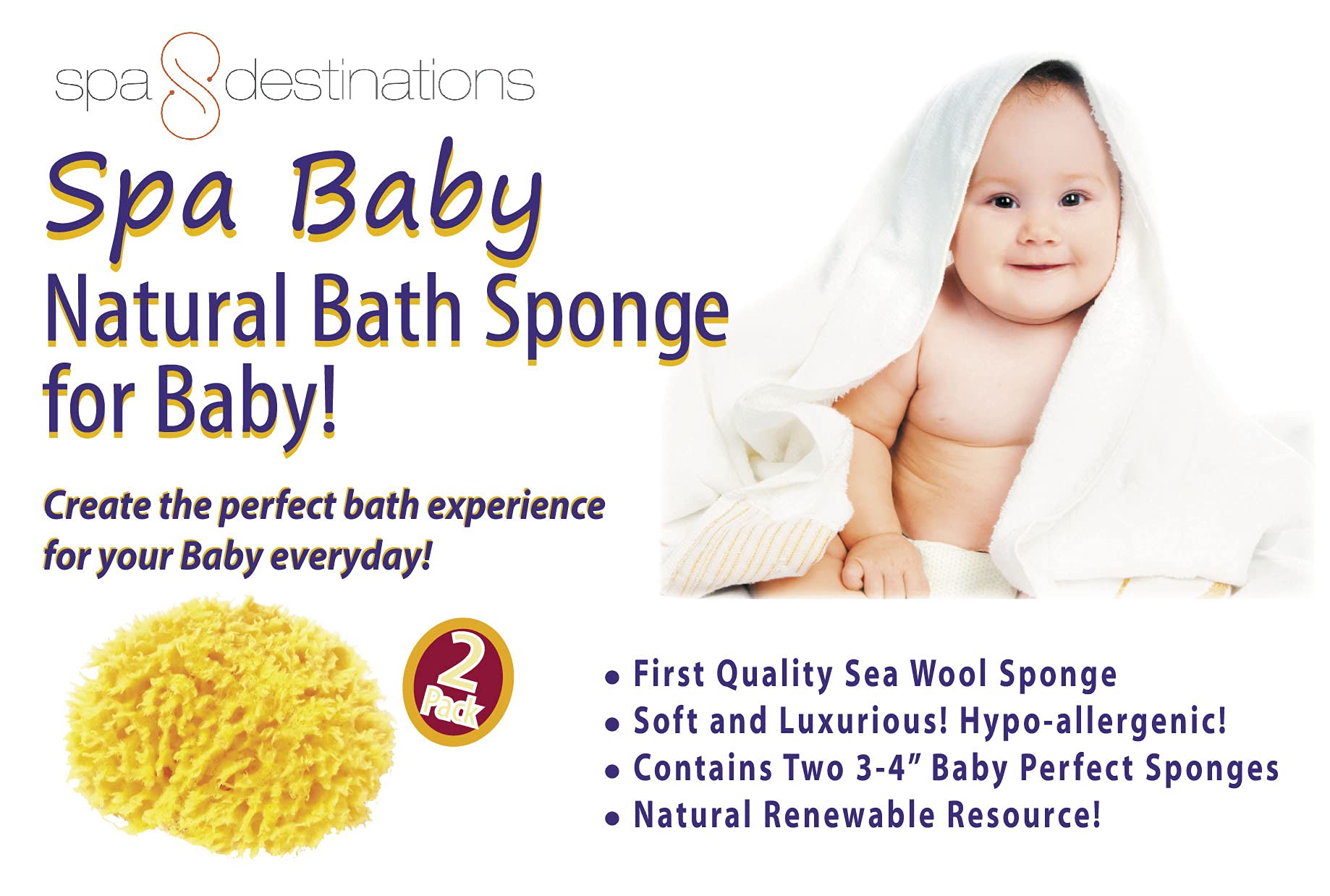 Spa Baby Absorbent Natural Bath Sponge Spa Destinations. Ultra Soft Premium Sea Wool Sponge, Biodegradable, Bath Accessories Baby and Kids, Infant Bath. Two (2) Pack 3-4 inch for Moms
