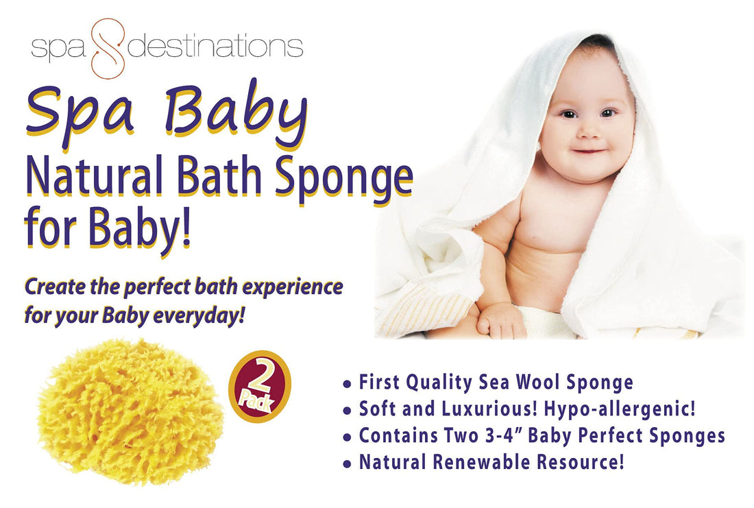 Spa Baby Absorbent Natural Bath Sponge Spa Destinations. Ultra Soft Premium Sea Wool Sponge, Biodegradable, Bath Accessories Baby and Kids, Infant Bath. Two (2) Pack 3-4 inch for Moms