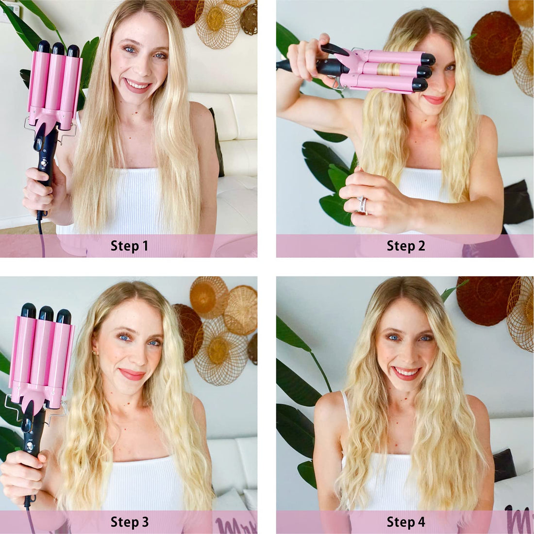 TOP4EVER 3 Barrel Curling Iron, 1 inch Crimper Hair Tool,Crimping Waver for Women Beach Waves with Two Temperature Settings, Pink