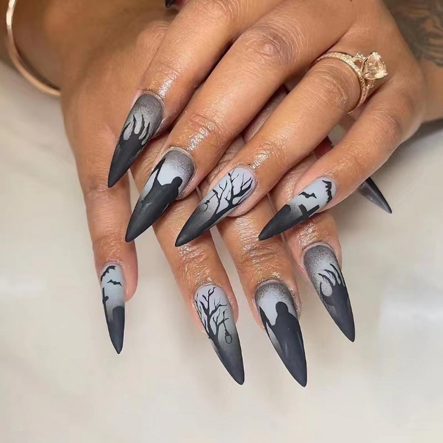 Halloween Press on Nails Almond Fake Nails with Bat Palm Tree Designs Black Grey Stick on Nails Full Cover Horror Nails for Women Girls Halloween Party Manicure