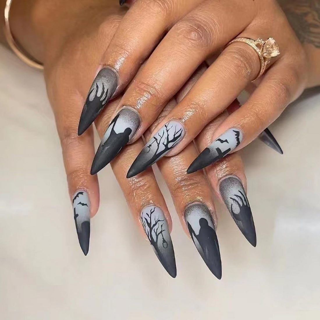 Halloween Press on Nails Almond Fake Nails with Bat Palm Tree Designs Black Grey Stick on Nails Full Cover Horror Nails for Women Girls Halloween Party Manicure
