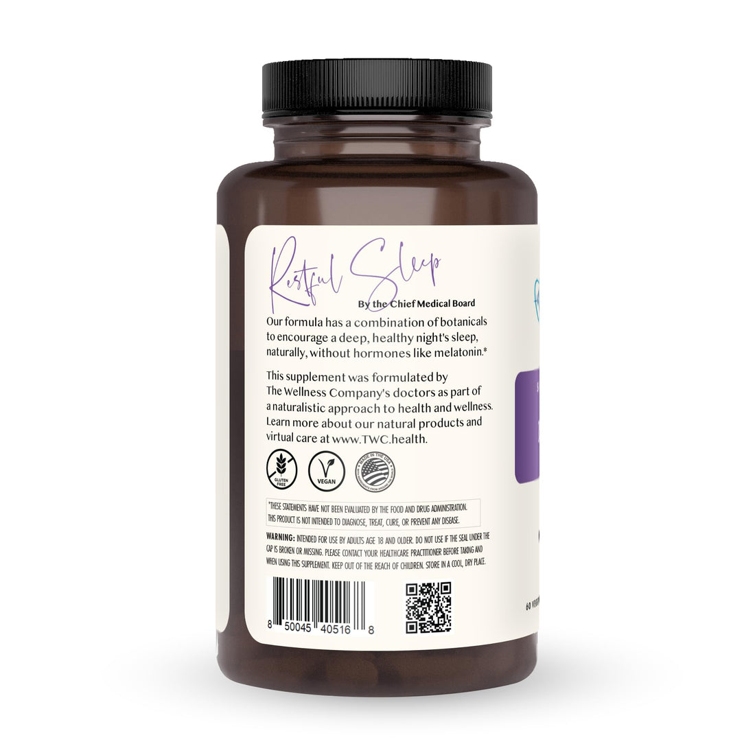 The Wellness Company Restful Sleep | 60 Capsules (1 Month Supply) | Natural Melatonin-Free Sleep Support | Non-GMO, Vegan, Gluten Free | for Gently Calming and Relaxing Mind and Body