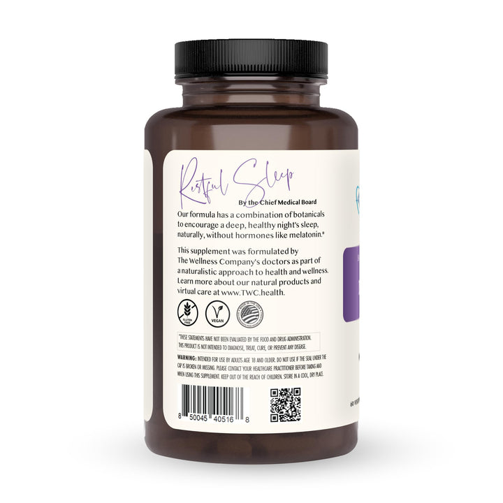 The Wellness Company Restful Sleep | 60 Capsules (1 Month Supply) | Natural Melatonin-Free Sleep Support | Non-GMO, Vegan, Gluten Free | for Gently Calming and Relaxing Mind and Body