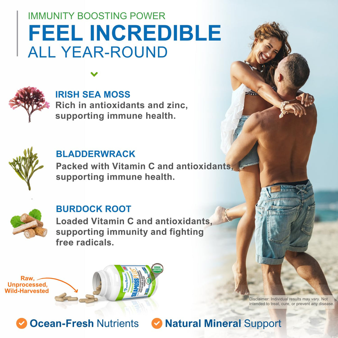 Power By Naturals Sea Moss Plus - USDA Organic Irish Sea Moss Capsules w/Wild Harvested Irish Seamoss, Bladderwrack & Burdock Root Immunity Supplement Sea Moss Pills for Adult 60Ct - 1 Pack