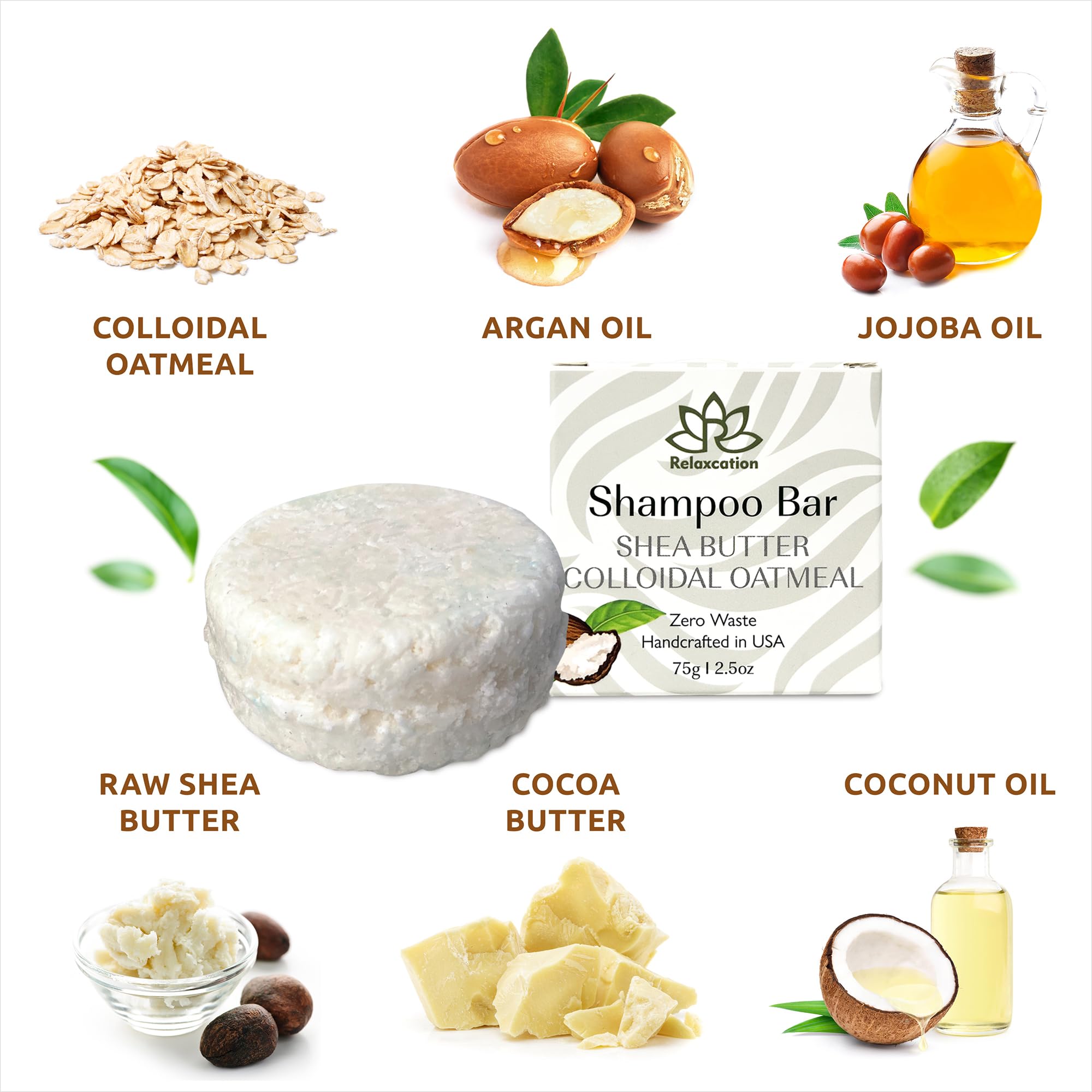 Relaxcation Organic Unscented SOLID Shampoo Bar for Damaged Hair with Shea Butter, Colloidal Oatmeal, Coconut Oil, Cocoa Butter, Jojoba, and Argan Oil for Normal and Sensitive Skin - Handmade in USA