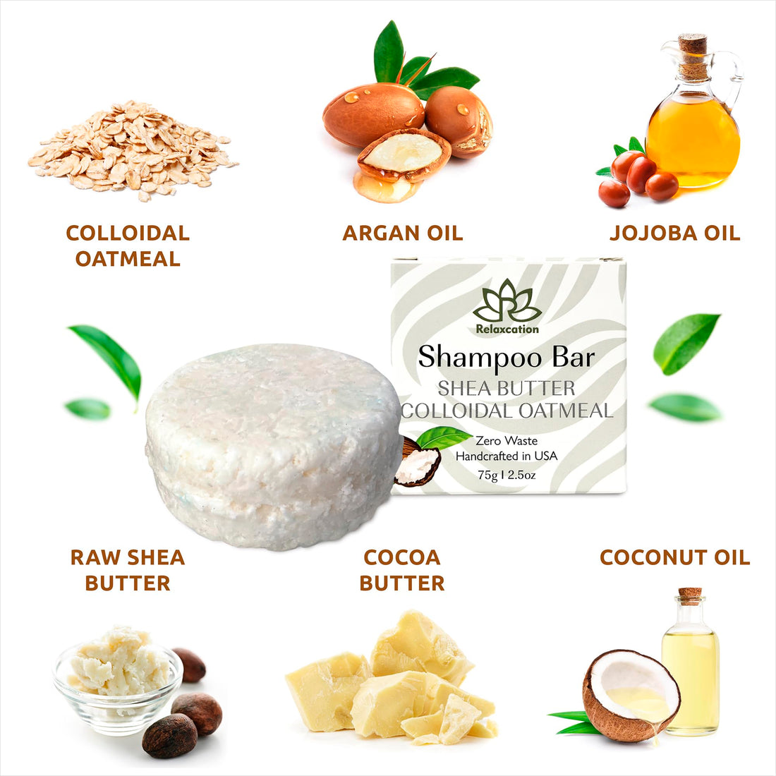 Relaxcation Organic Unscented SOLID Shampoo Bar for Damaged Hair with Shea Butter, Colloidal Oatmeal, Coconut Oil, Cocoa Butter, Jojoba, and Argan Oil for Normal and Sensitive Skin - Handmade in USA