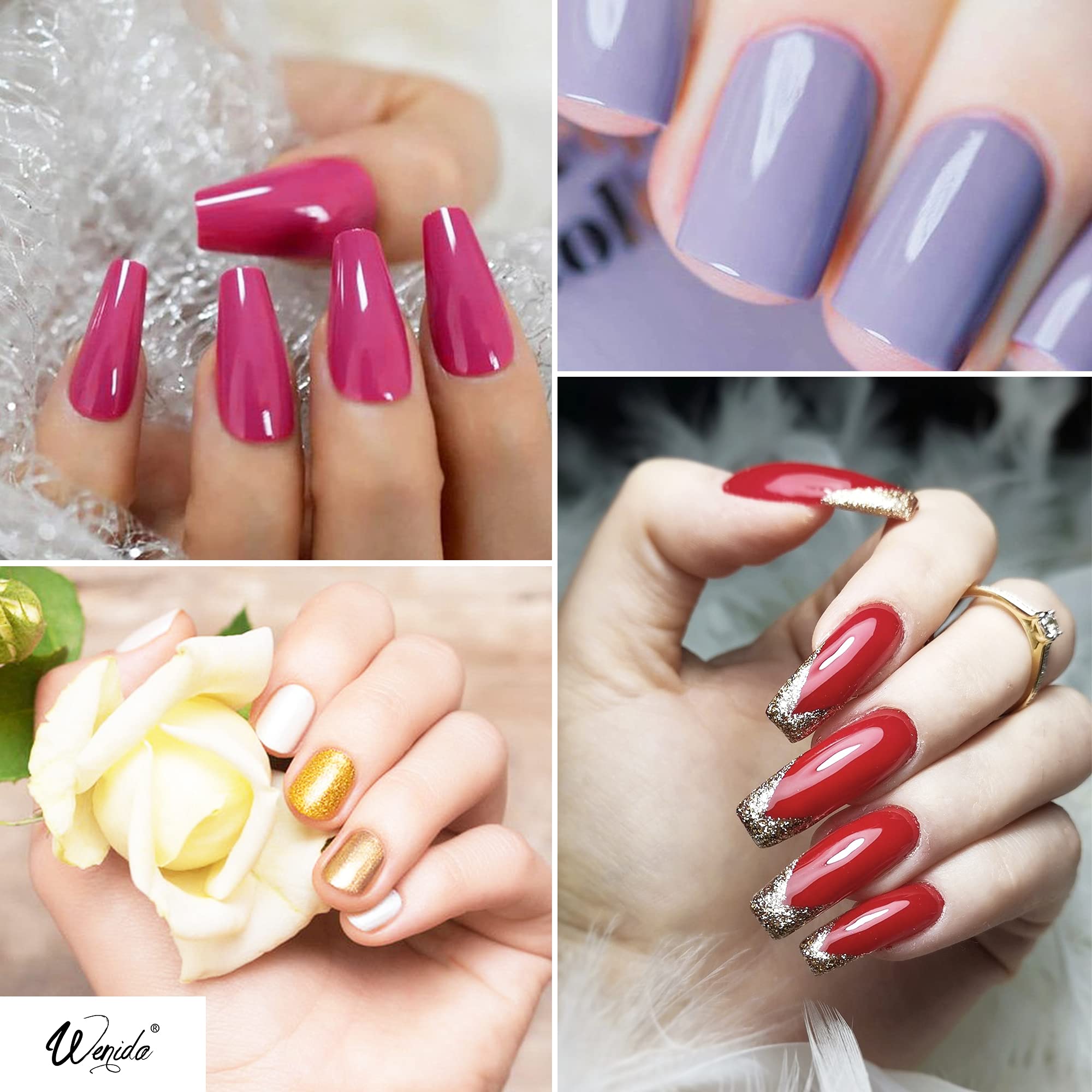 Dipping Nail Powder Wenida 10 Colors Red Burgundy Gold Glitter Purple Festival French Manicure Nail Art Set with Silicone Brush Nail Grit File 10 pcs False Nails