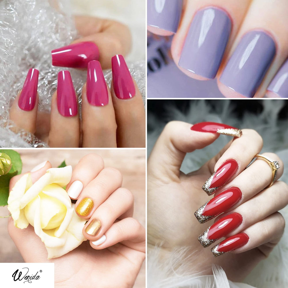 Dipping Nail Powder Wenida 10 Colors Red Burgundy Gold Glitter Purple Festival French Manicure Nail Art Set with Silicone Brush Nail Grit File 10 pcs False Nails