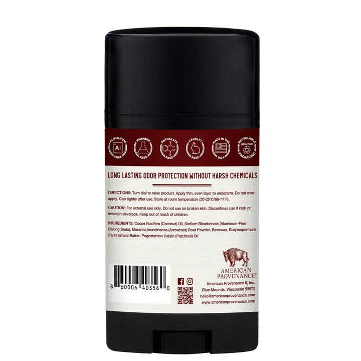 American Provenance Aluminum Free Natural Deodorant For Women and Men - Patchouli - 24 Hour Protection - Cruelty Free - Made in the USA (1 pack)