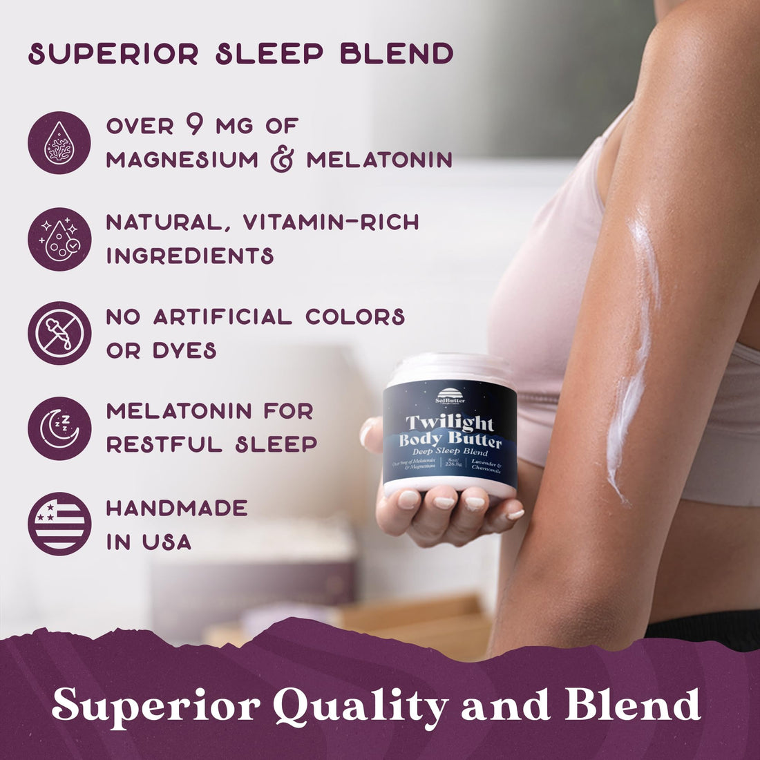 PURPLE CANYON Twilight Deep Sleep Whipped Body Butter 8oz | Lavender Chamomile Night Cream with Magnesium & Melatonin | Hydrating Body Lotion for Skin Care