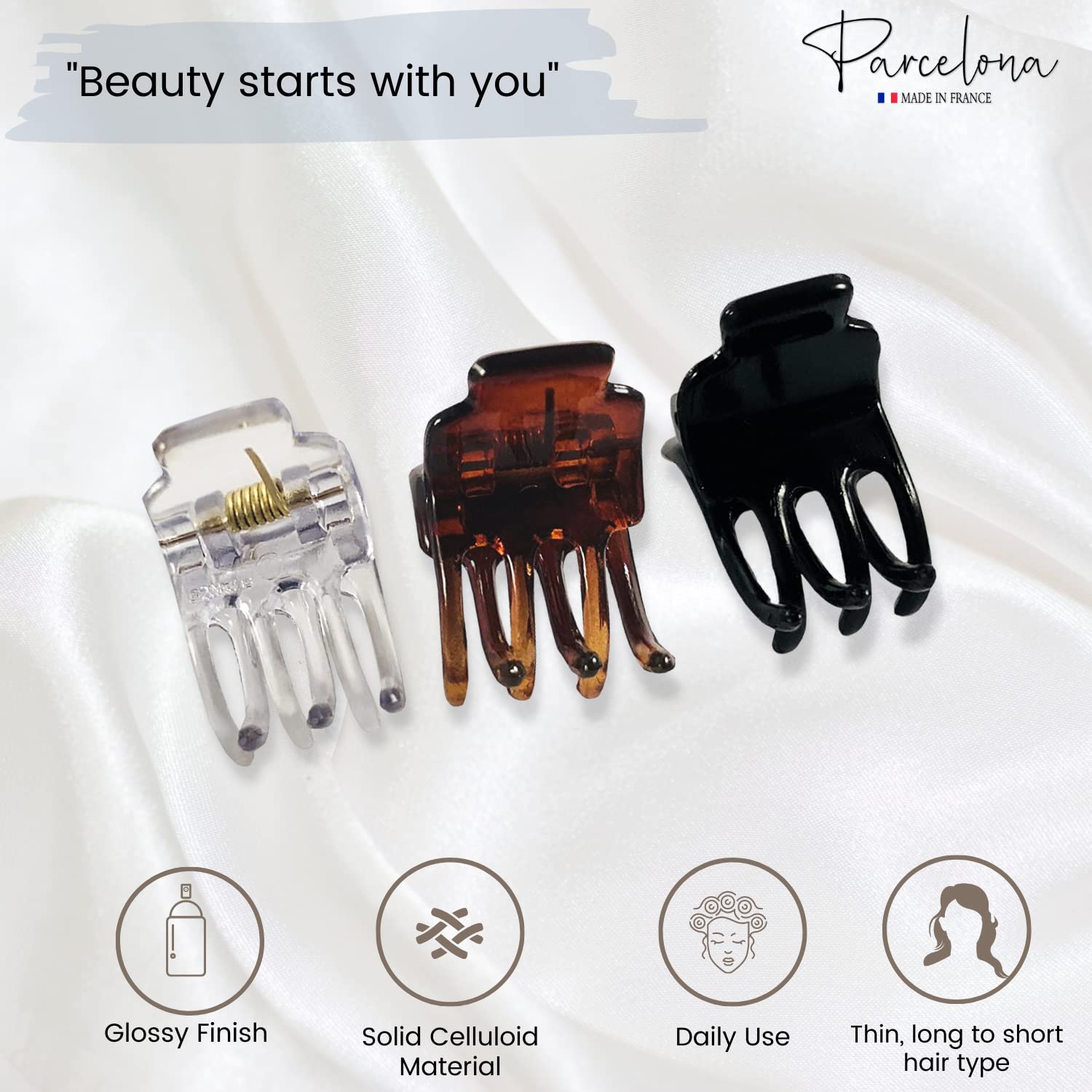 Parcelona French Pinch Mini Tortoise Brown Black Clear Celluloid Acetate Jaw Hair Claw Clip