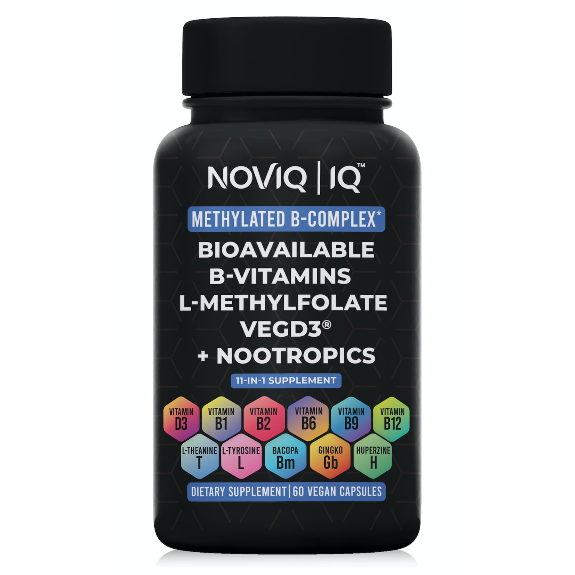 NOVIQ 11-in-1 Methylated B-Complex Supplement: 680mcg L-Methylfolate(5-MTHF) Thiamine(B1) Riboflavin(B2) Pyridoxal(B6) Methylcobalamin(B12) - VegD3® + Nootropics - 1,100mg+ Serving - 60 Count