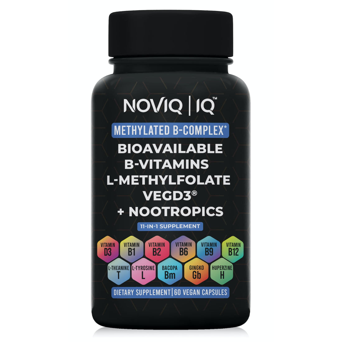 NOVIQ 11-in-1 Methylated B-Complex Supplement: 680mcg L-Methylfolate(5-MTHF) Thiamine(B1) Riboflavin(B2) Pyridoxal(B6) Methylcobalamin(B12) - VegD3® + Nootropics - 1,100mg+ Serving - 60 Count