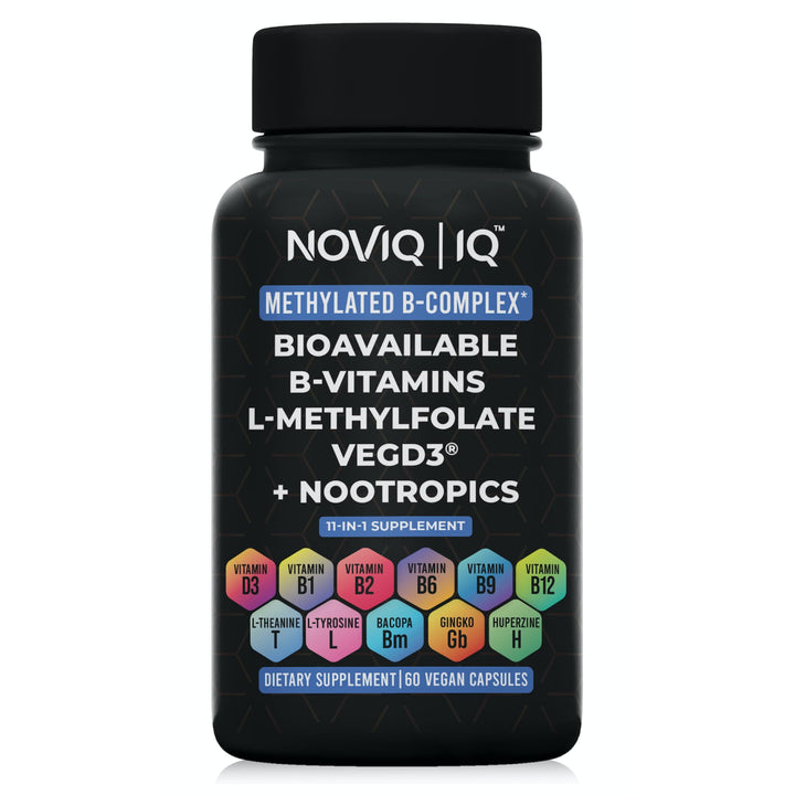 NOVIQ 11-in-1 Methylated B-Complex Supplement: 680mcg L-Methylfolate(5-MTHF) Thiamine(B1) Riboflavin(B2) Pyridoxal(B6) Methylcobalamin(B12) - VegD3® + Nootropics - 1,100mg+ Serving - 60 Count