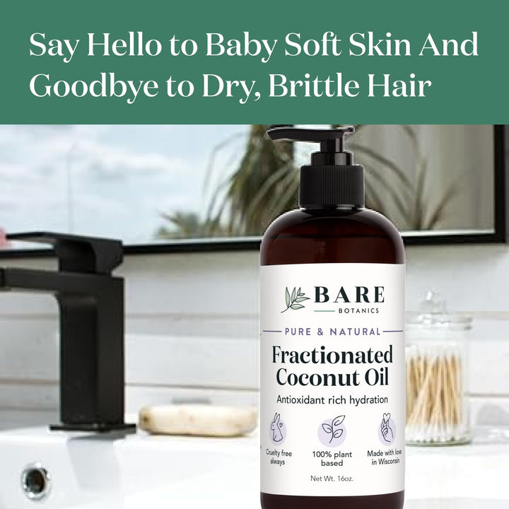 Bare Botanics 100% Pure Fractionated Coconut Body Oil 16 oz - Cold Pressed & Natural for All Over Moisturization - Multipurpose Carrier Oil for DIY - Hydrate Dry Skin, Hair & Body - Vegan Cruelty Free