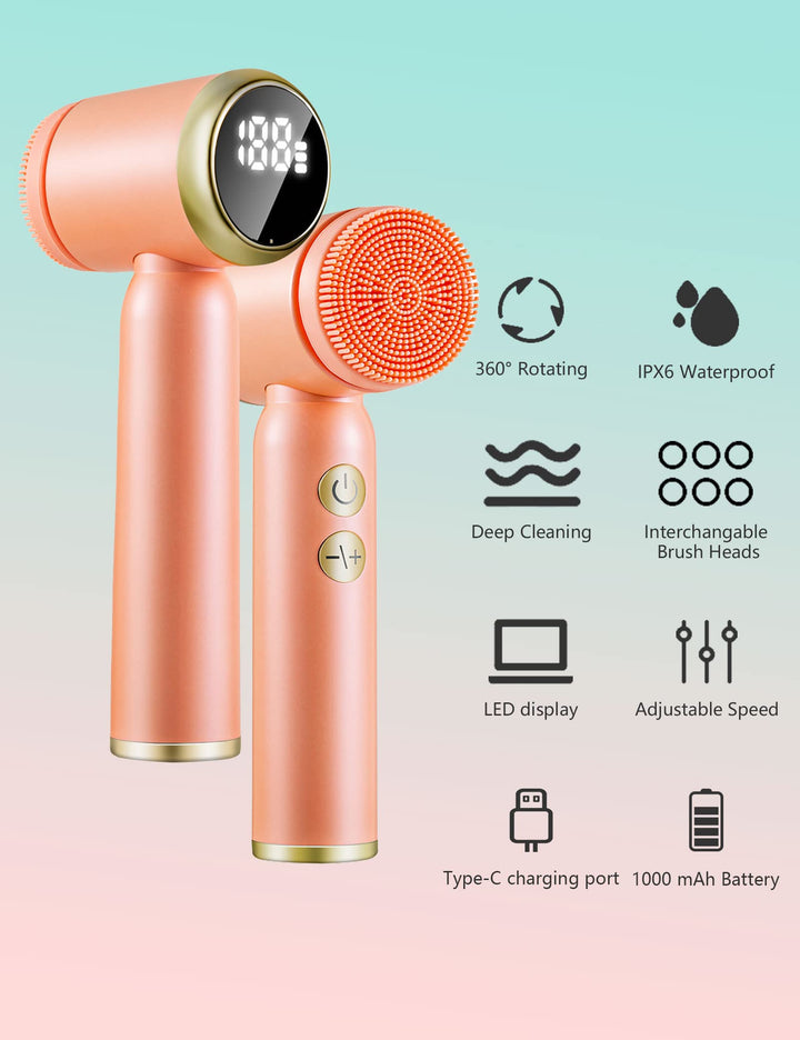 Face Brushes for Cleansing and Exfoliating ,Spin Facial Cleansing Brush with LED Display, Electric Face Cleansing Brush ,Rechargeable Facial Cleansing Brush with 6 Facial Spin Brush Heads BSROLUNA