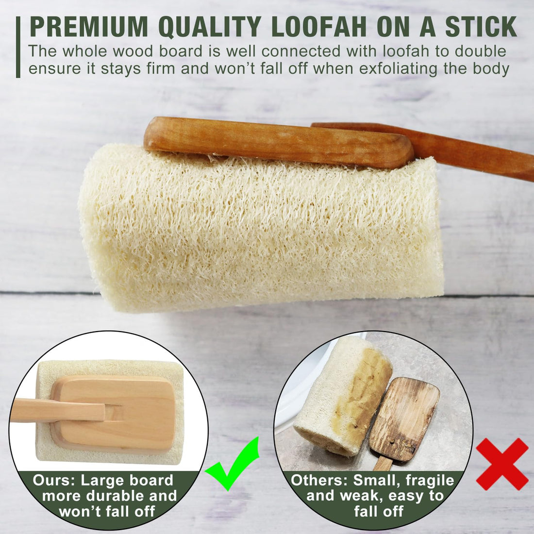 Natural Exfoliating Loofah Back Scrubber Bath Brush with Long Wooden Handle for Body Shower Bath Spa, 2 Pack