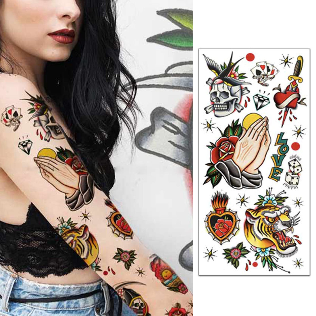 PUSNMI 120Ãƒâ€”260mm Classic Temporary Tattoo Sailor Jerry Temporary Tattoos for Women Men Cool Skull Tattoo for Arm Leg Face Lasting Mix Style Body Art Tattoos for Halloween Club