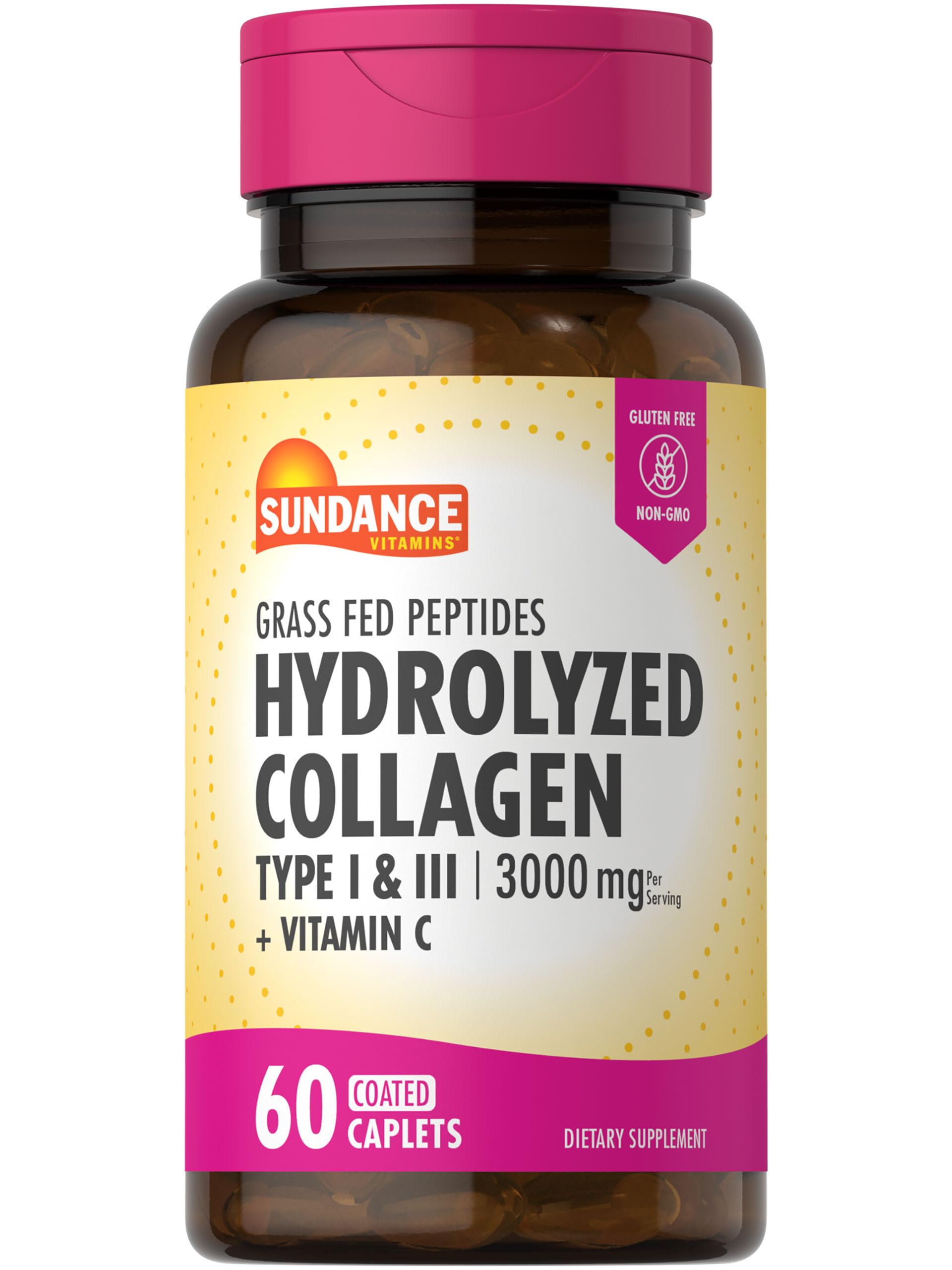 Sundance Collagen Peptides Pills | 3000mg | Type I & II with Vitamin C | 60 Caplets | Non-GMO & Gluten Free Supplement