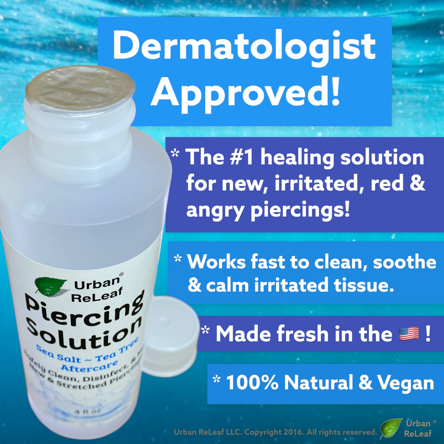 Piercing Solution ! Healing Sea Salts & Tea Tree Aftercare 4 Oz, Ready To Use. Safely Clean, Disinfect & Heal New & Stretched Piercings. Gentle Effective Natural & Soothing. Works Fast