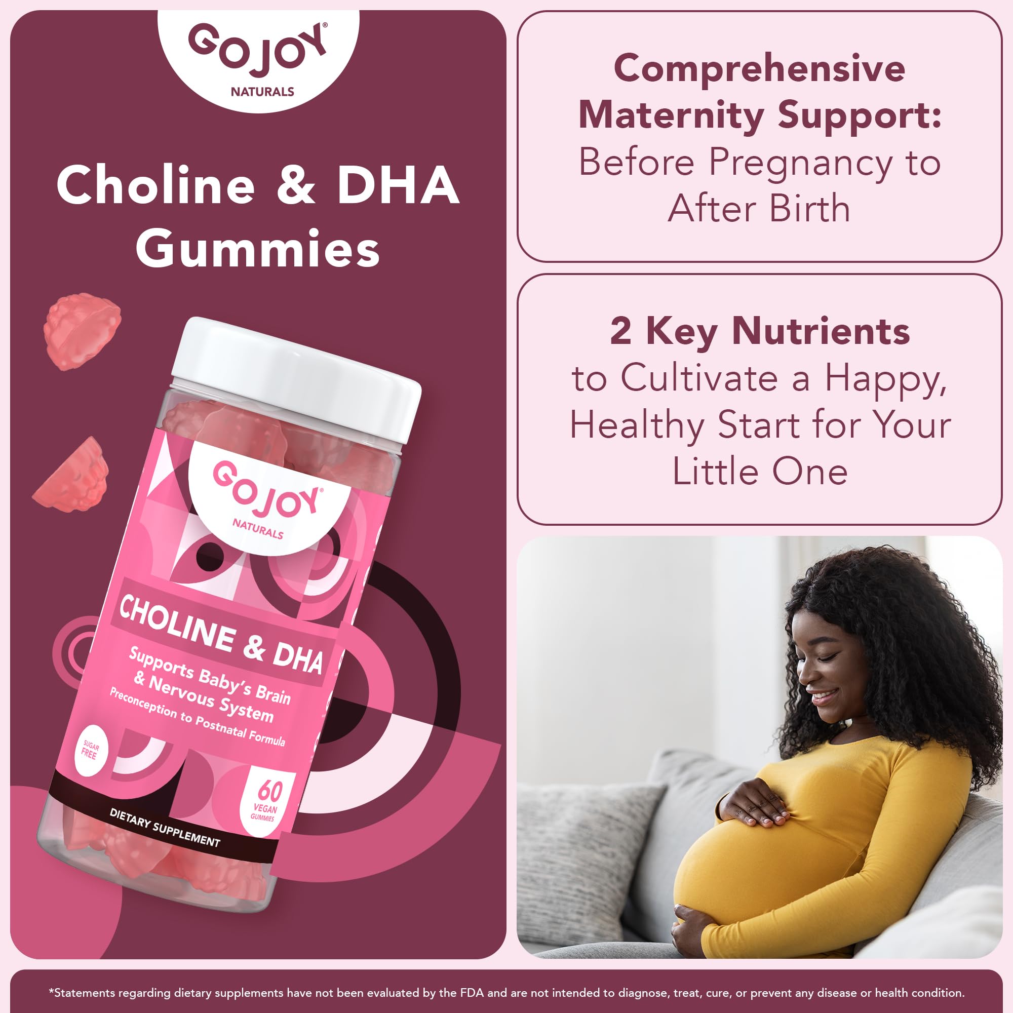 GOJOY NATURALS Prenatal Choline & DHA Gummies - Preconception to Postnatal Gummy Vitamin Supplement for Pregnant Women - Sweetened with Monk Fruit - 3rd Party Tested - Non GMO, Gluten Free, Vegan