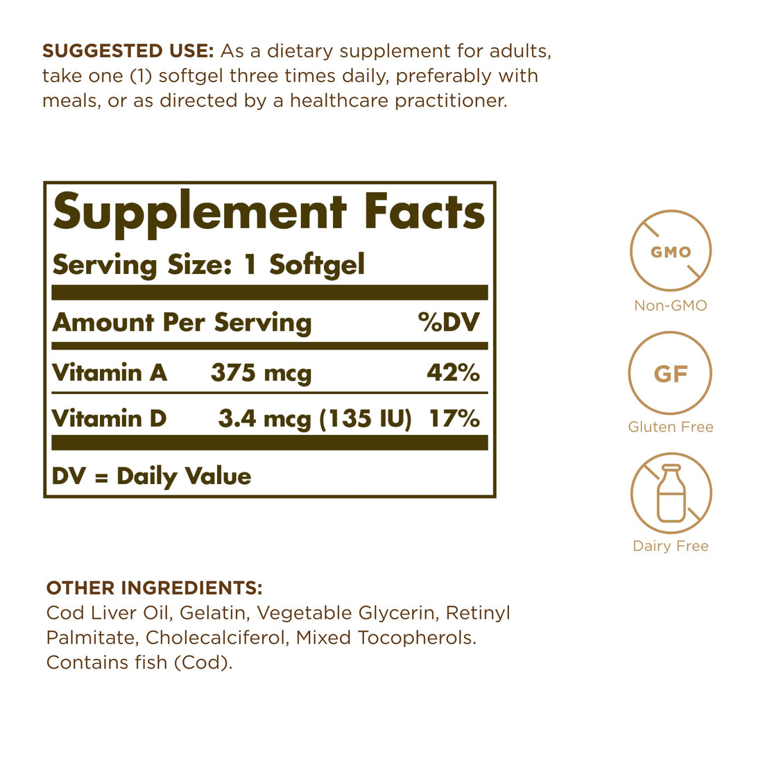 Solgar Cod Liver Oil - 250 Softgels - Provides Vitamins A & D - Non-GMO, Gluten Free - 250 Servings